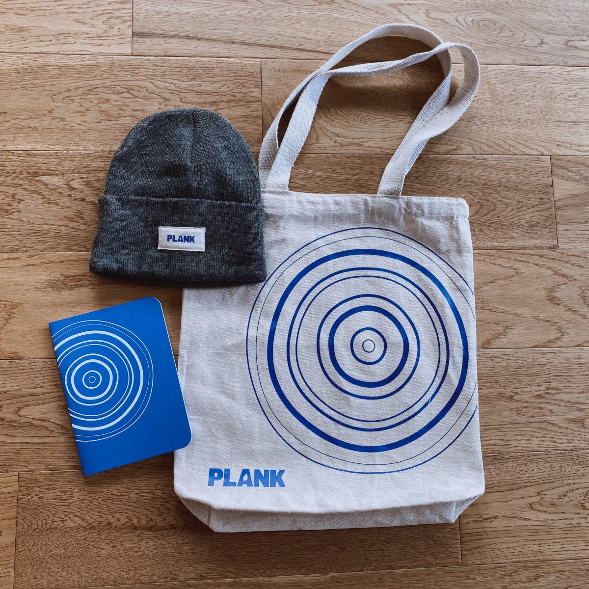 A cream tote and notebook with a blue circle design, and a beanie with our logo all laid down on a wood floor