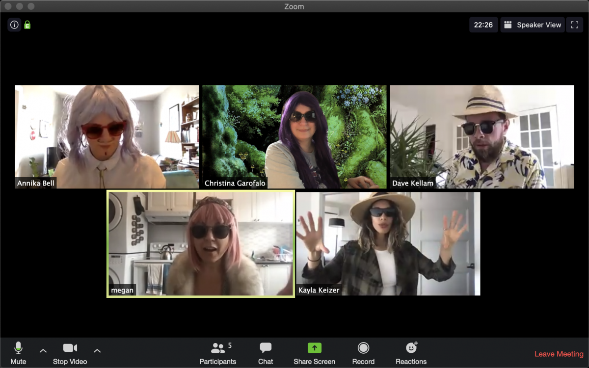 A screenshot of a zoom call with 5 people wearing varying types of wigs and sunglasses.