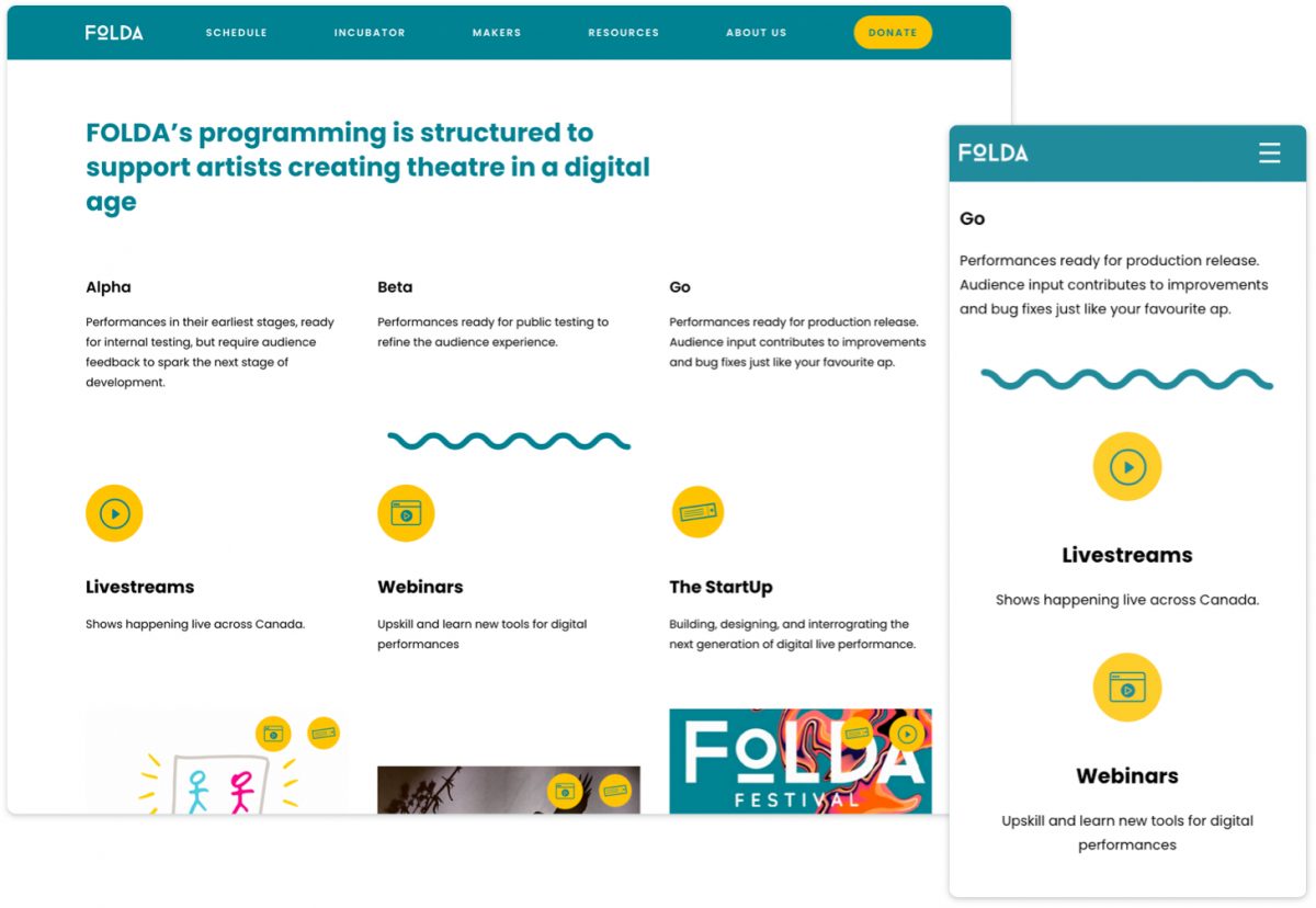 FOLDA website displaying the header menu on desktop versus the hamburger menu on mobile.
