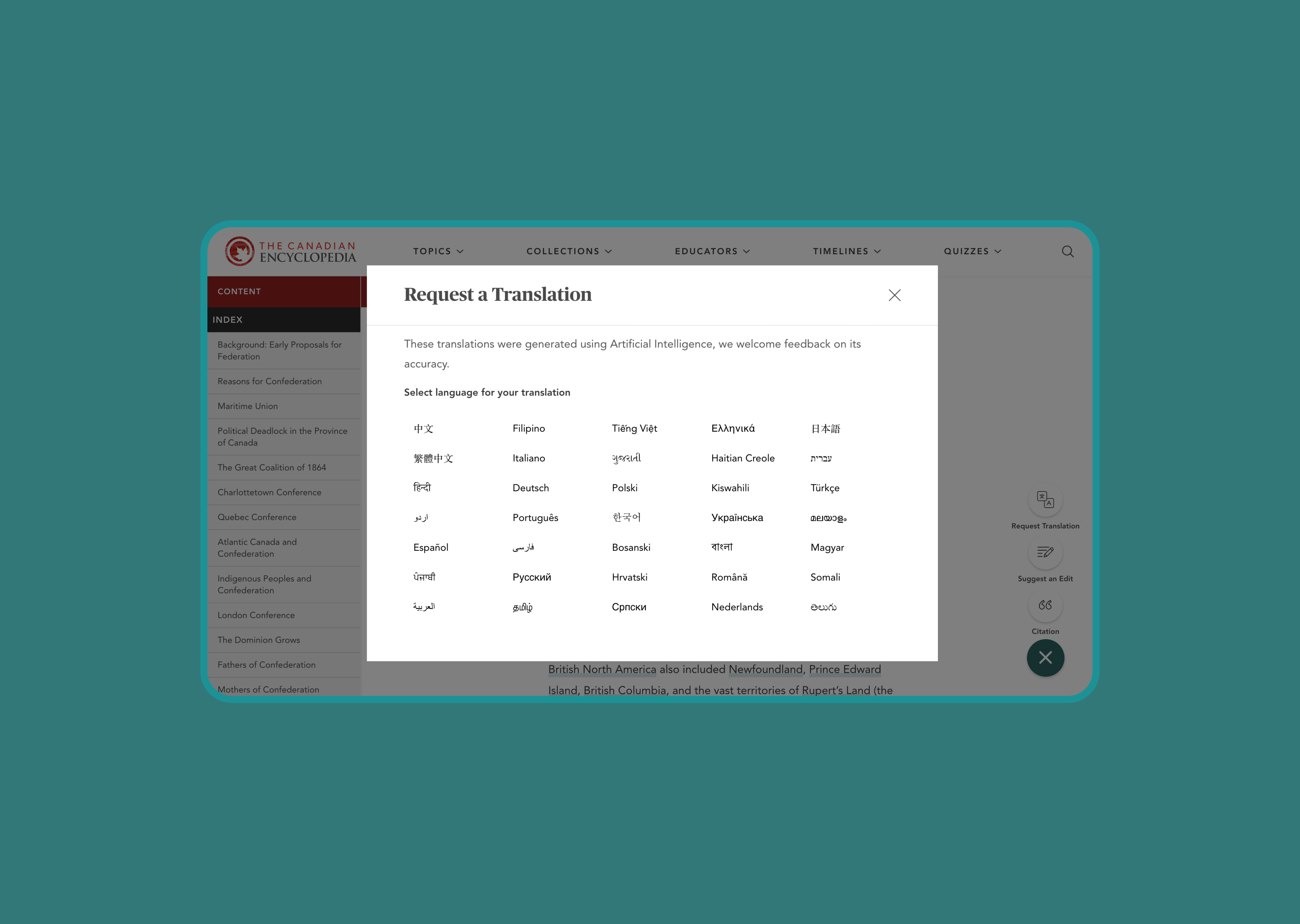 Requesting a language translation on The Canadian Encyclopedia