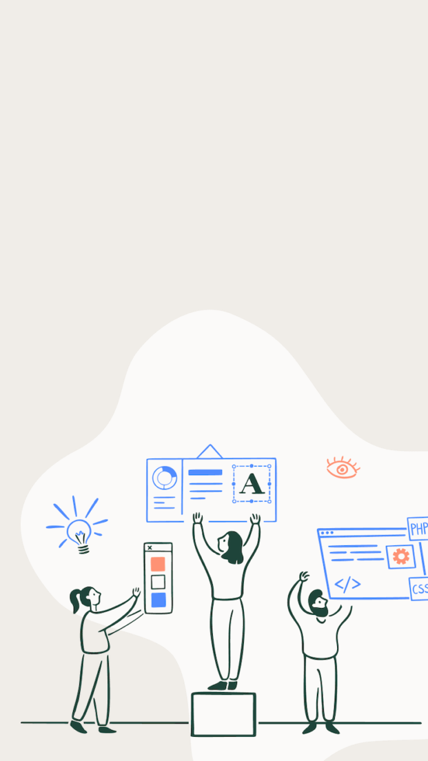 Illustration of a group of people holding a sign representing web design and development