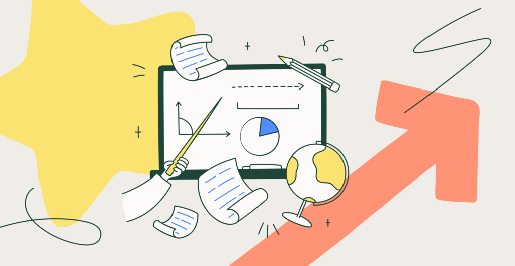 screen with pie chart and graphs with floating papers and pencil